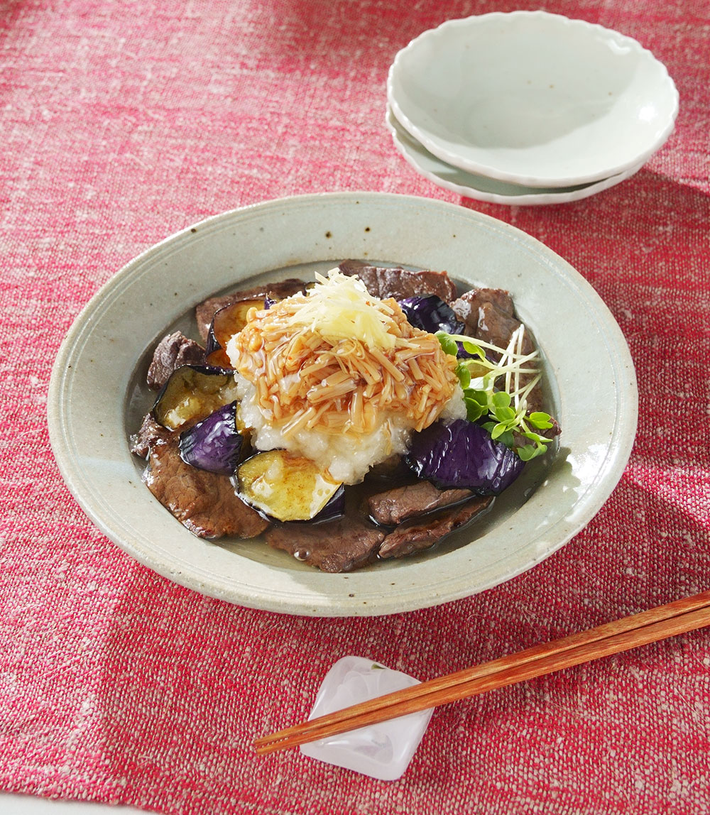 揚げなすと牛肉のなめ茸七味あん