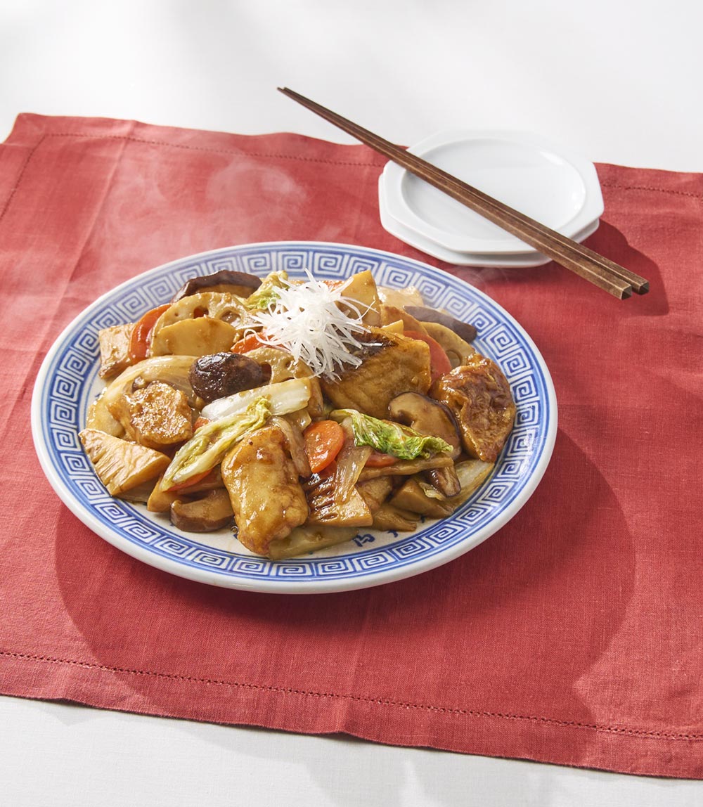 鯛と野菜の黒酢あんかけ炒め