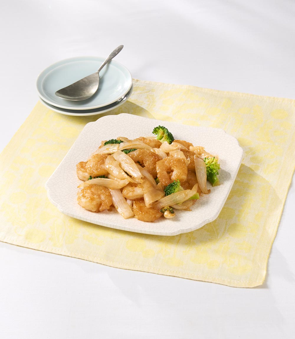エビと玉ねぎのオーロラソース炒め