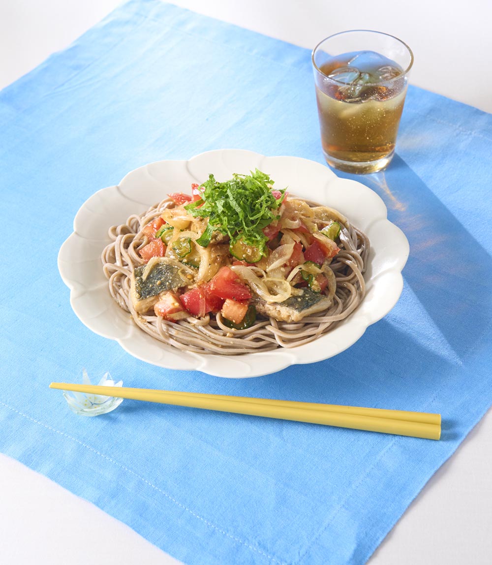あじのトマトマリネ蕎麦