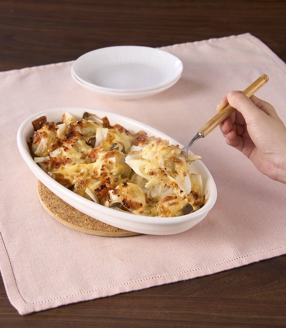 グラタン皿ひとつで完結！ れんこん明太チーズたこ焼き