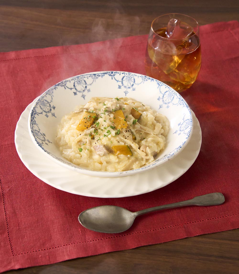 まいたけ香る！鶏肉とかぼちゃのチーズたっぷりリゾット